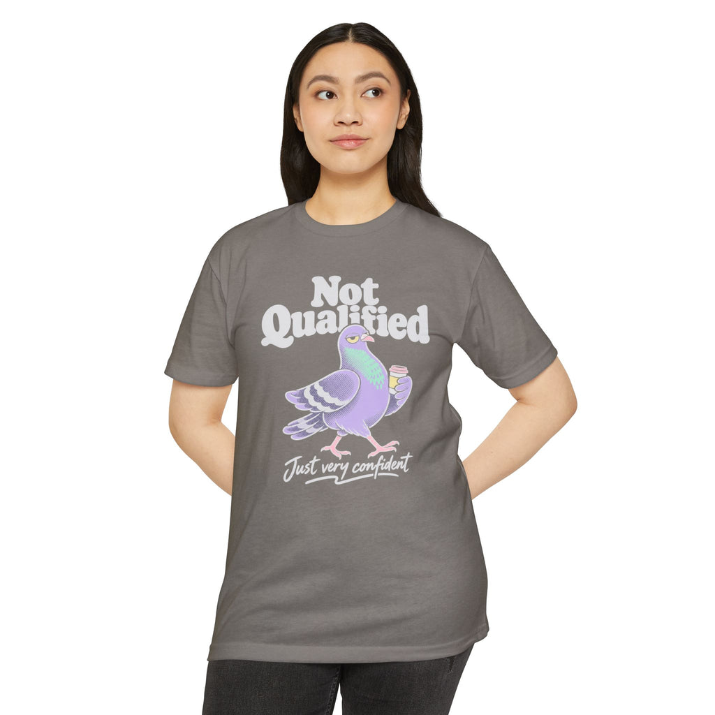 Gray short-sleeve T-shirt with “Not Qualified” pigeon graphic, front view