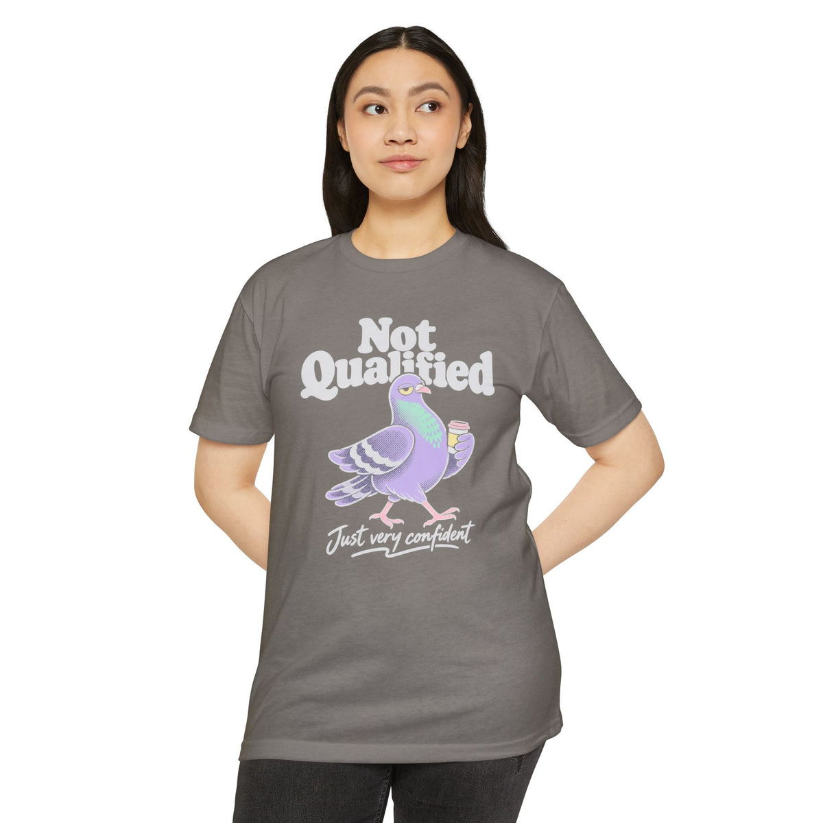 Gray short-sleeve T-shirt with “Not Qualified” pigeon graphic, front view