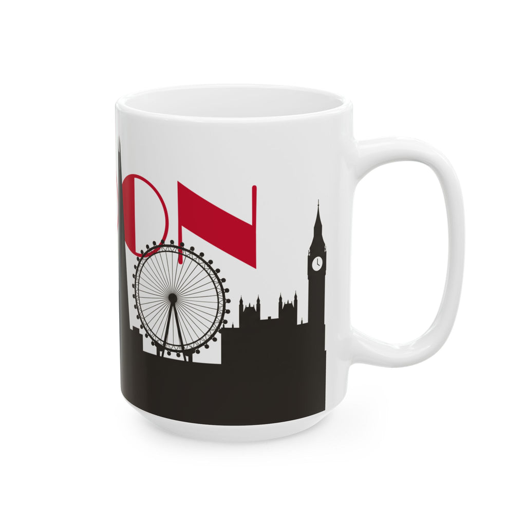White ceramic coffee mug with red lettering and black skyline with Ferris wheel