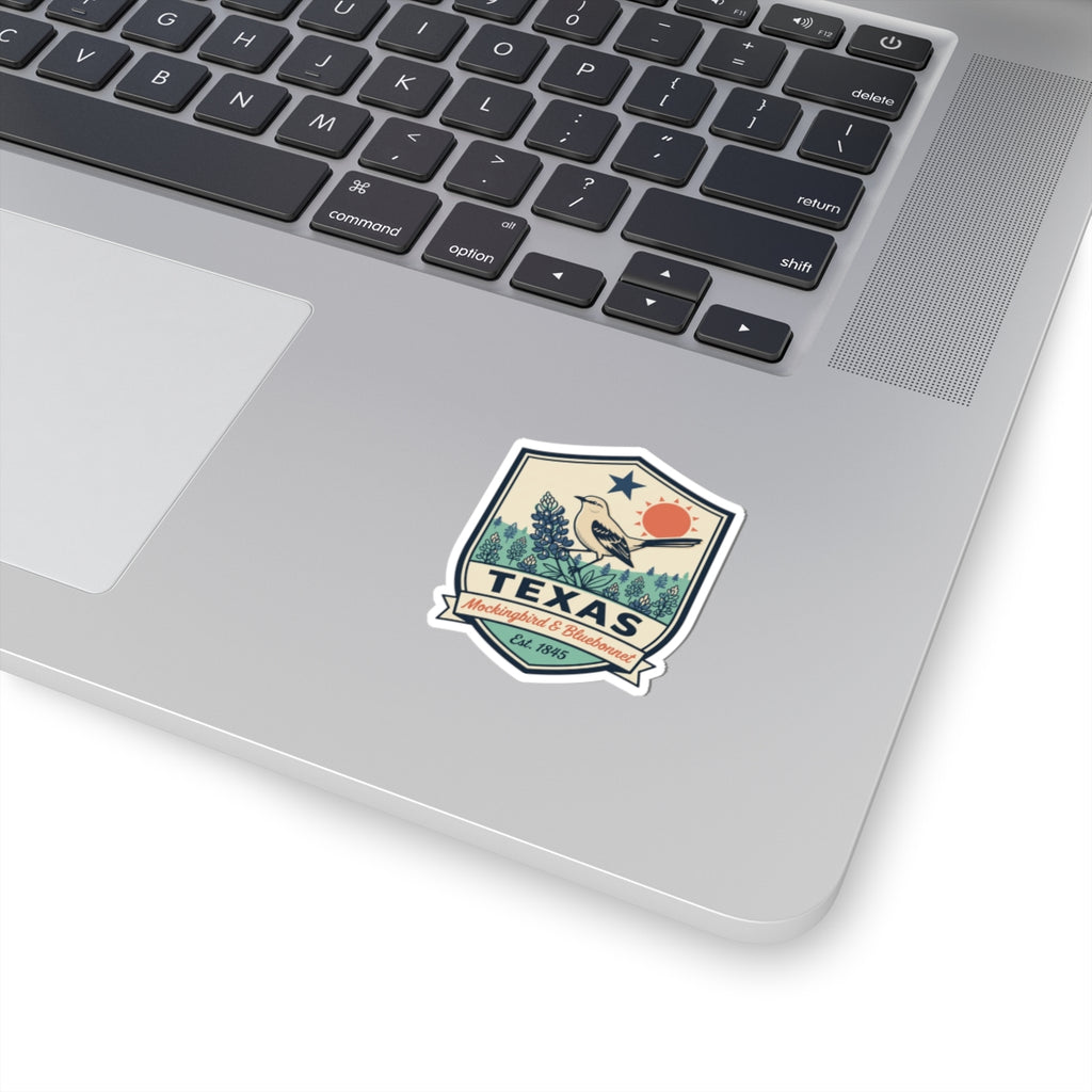Texas state badge vinyl sticker with mockingbird and bluebonnet art