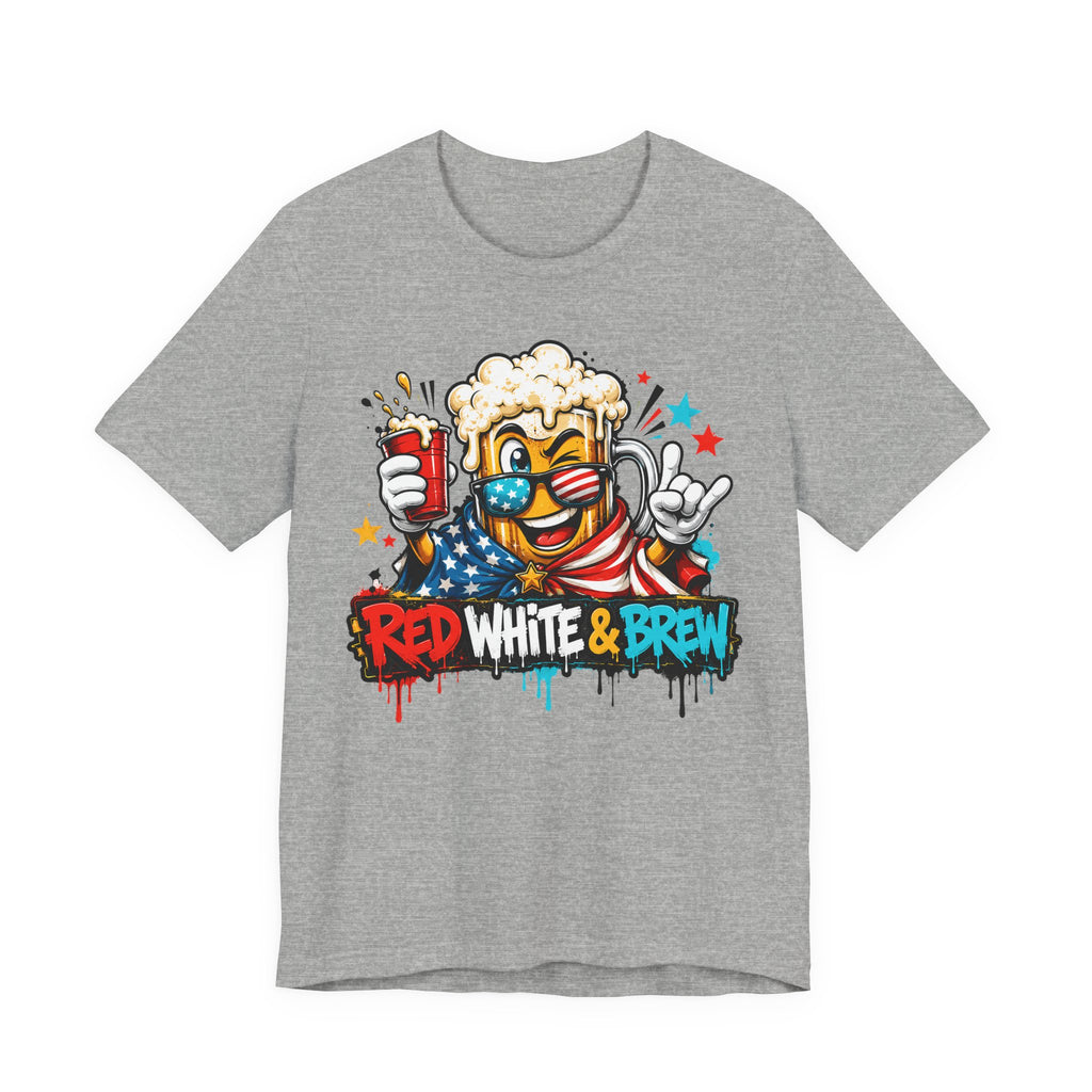 Light heather gray T-shirt with colorful beer mascot and “Red White & Brew” graphic