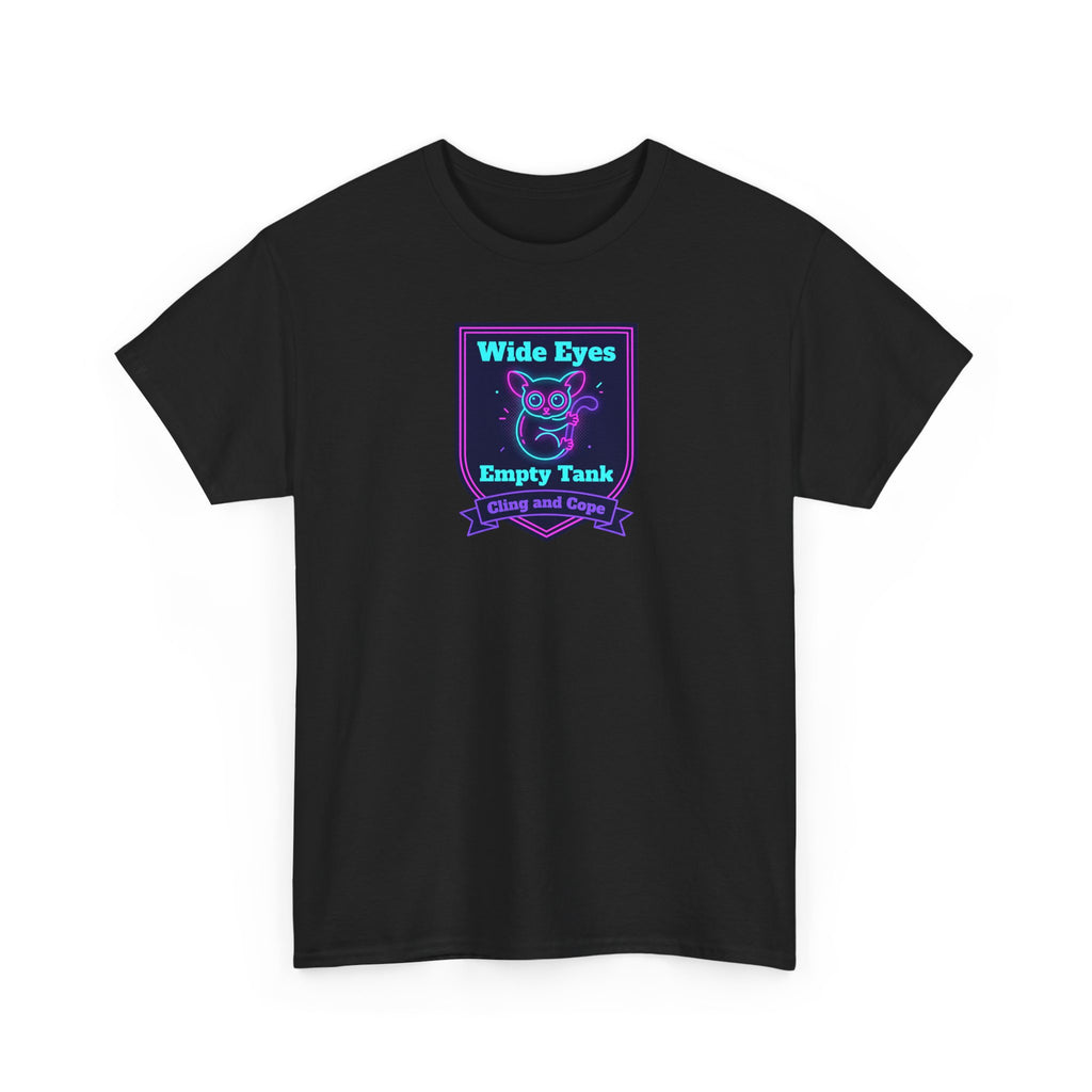 Black crewneck T-shirt with neon purple graphic badge on the chest.