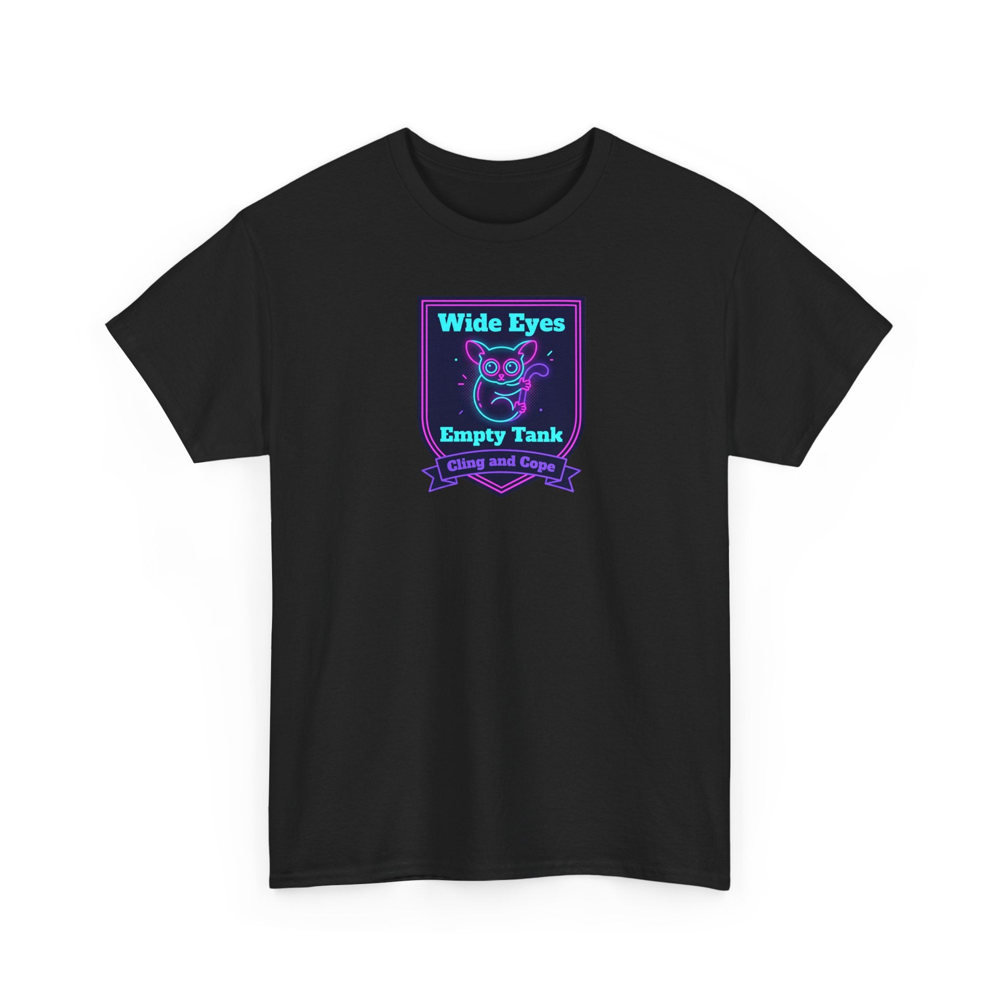 Black crewneck T-shirt with neon purple graphic badge on the chest.