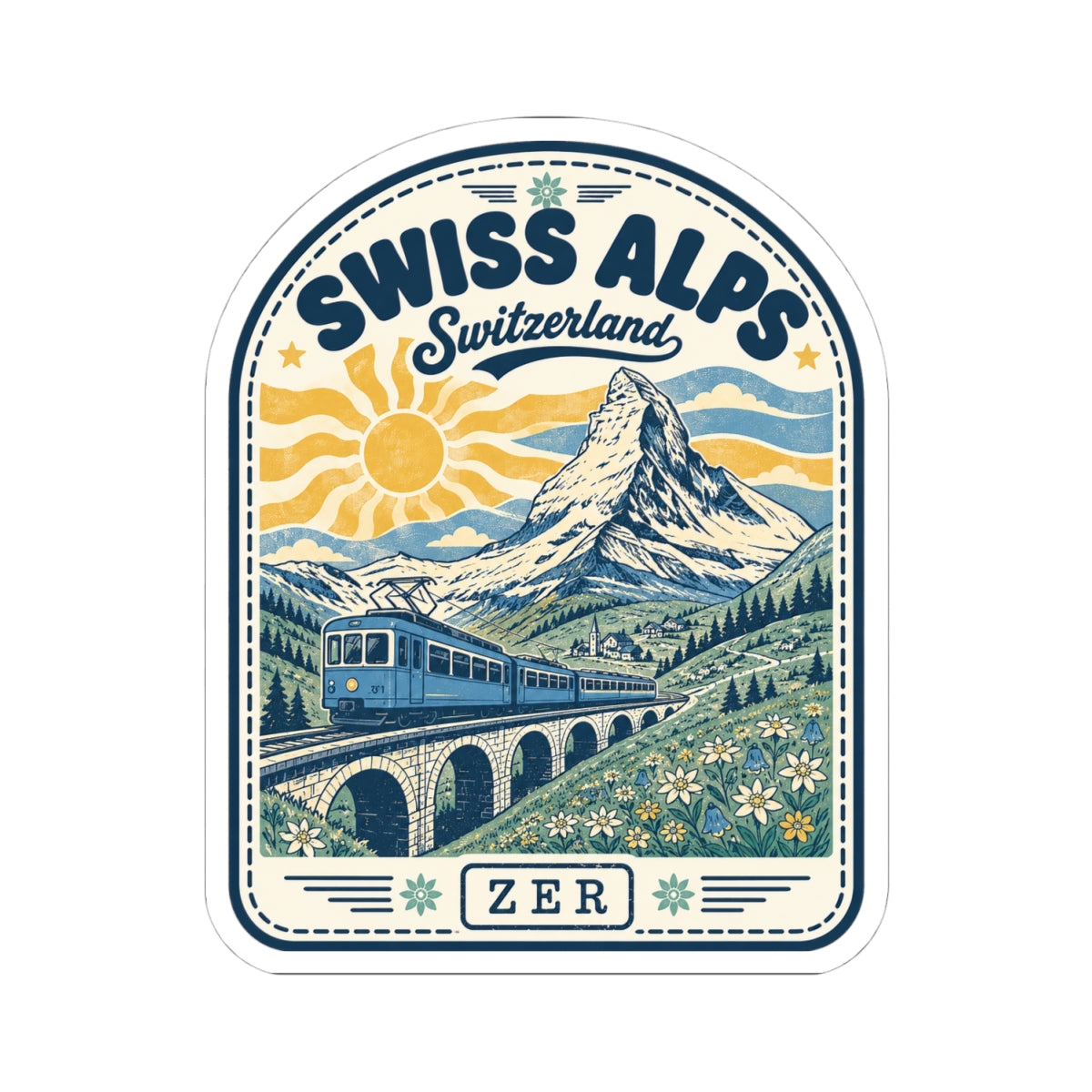 Swiss Alps Switzerland train mountain sticker, oval design with ZER label and flowers