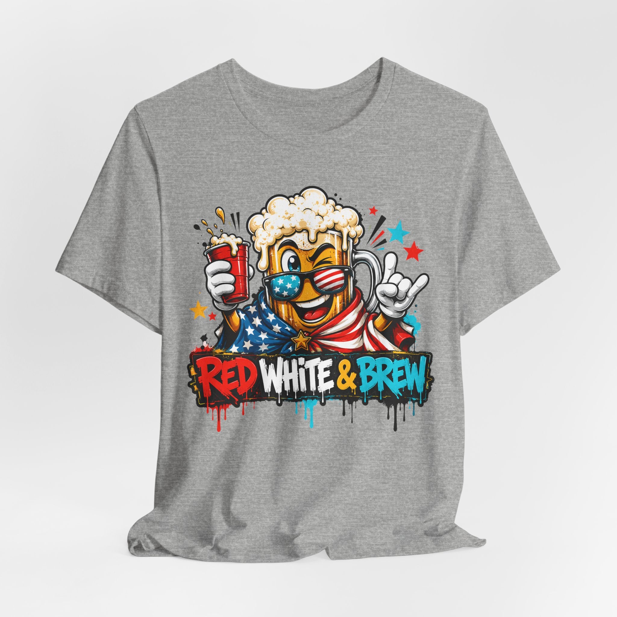 Heather gray T-shirt with colorful beer mascot and “Red White & Brew” graphic