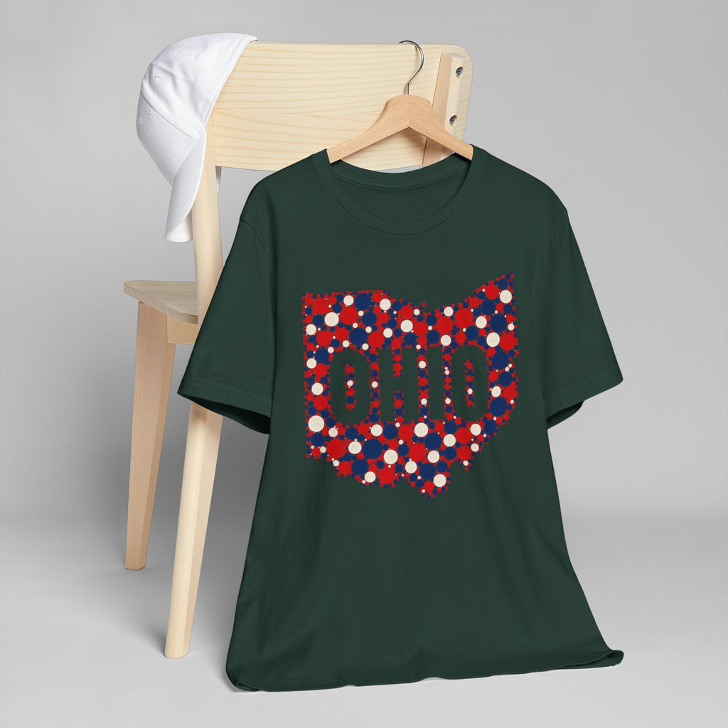 Dark green crew-neck T-shirt with red, white, and blue dotted Ohio graphic front