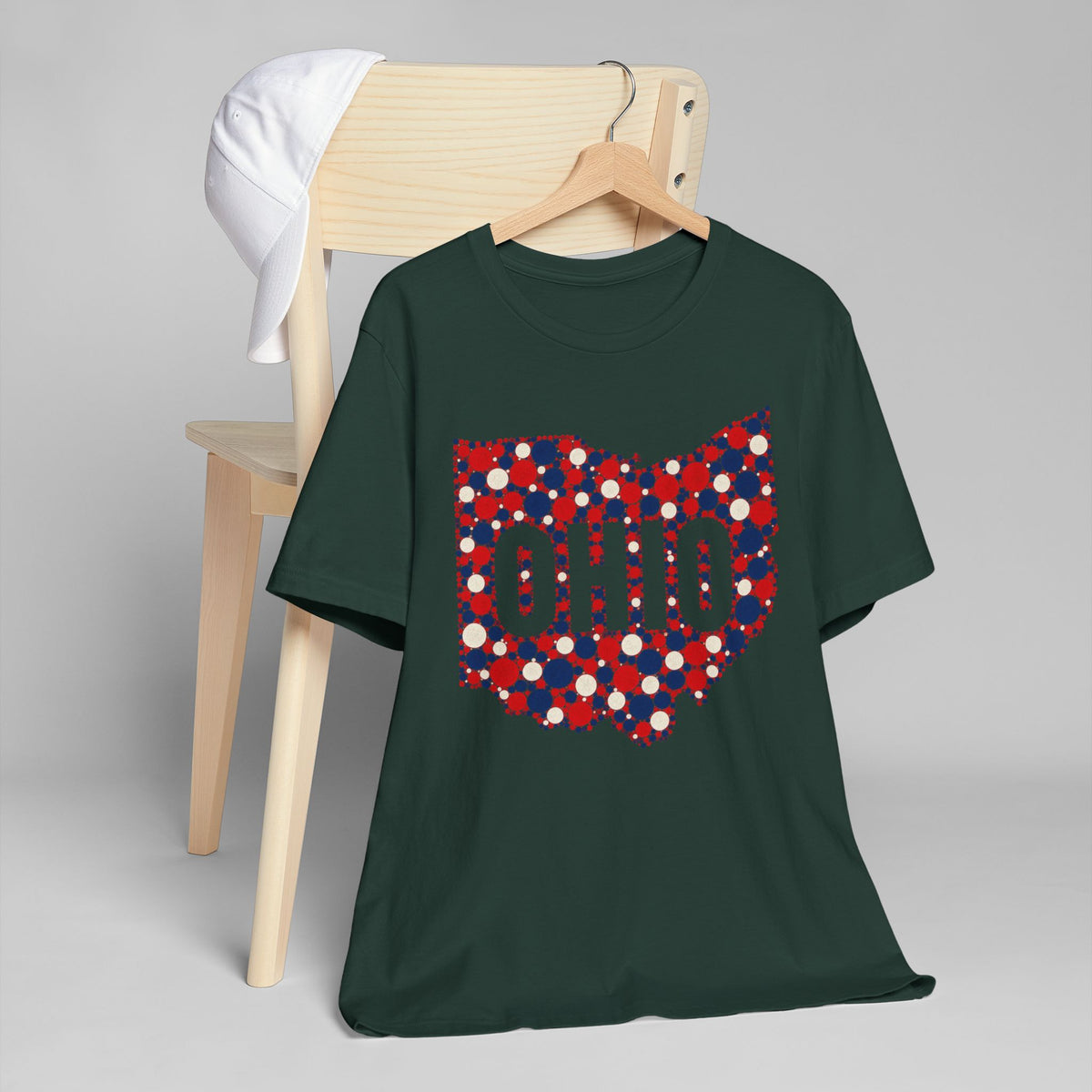 Dark green crew-neck T-shirt with red, white, and blue dotted Ohio graphic front
