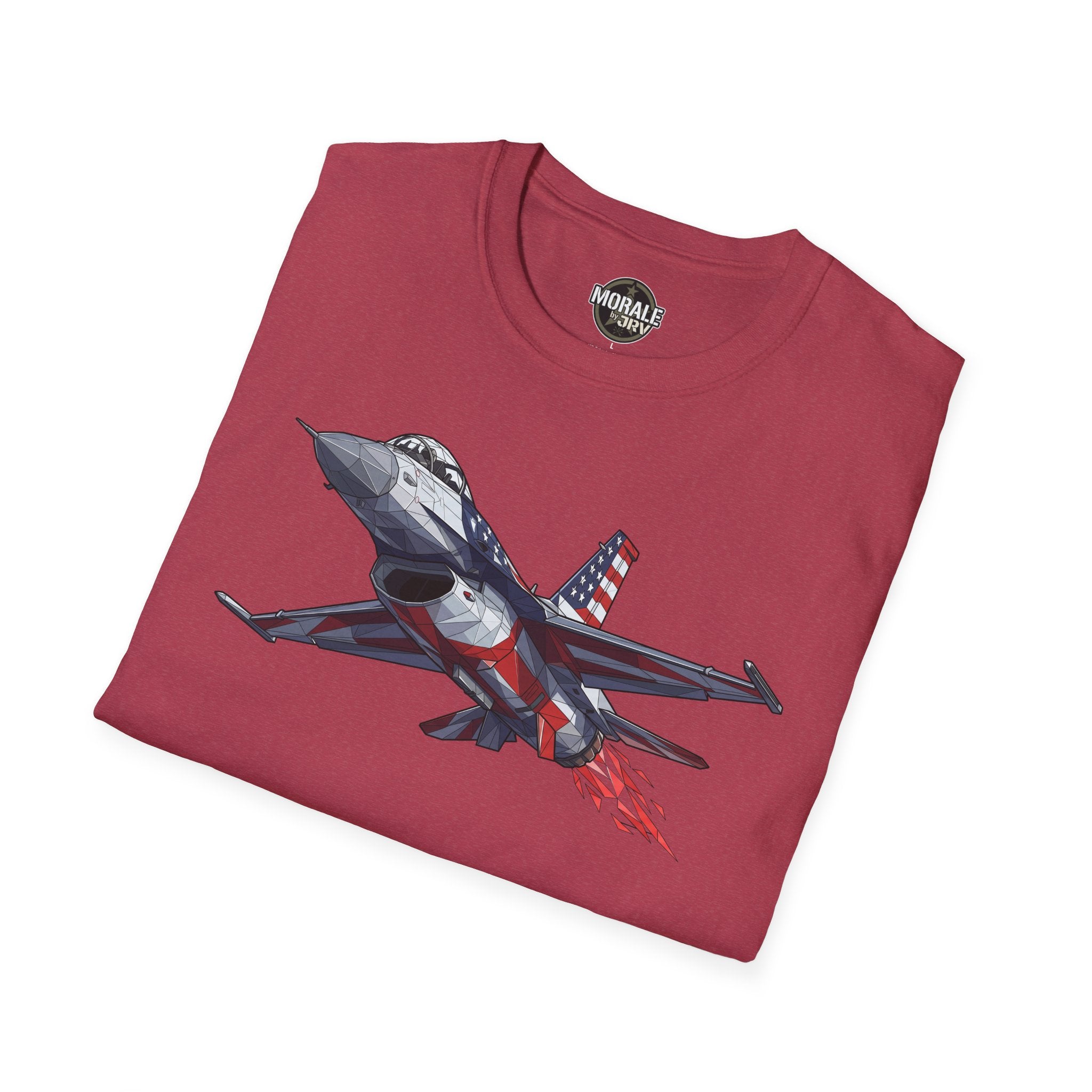 Burgundy F-16 jet patriotic graphic T-shirt, crew neck with Morale by Orivi badge