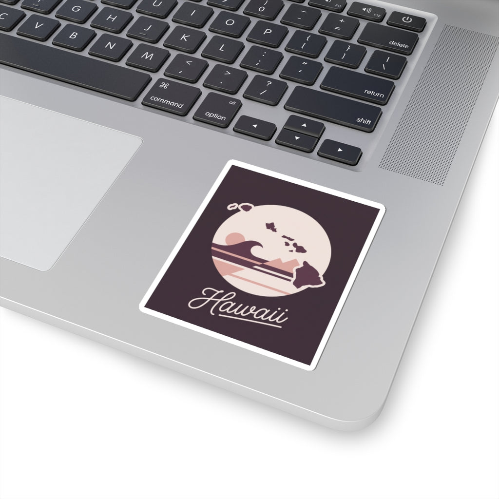 Mauve Hawaii silhouette kiss-cut vinyl decal, square sticker with white outline and “Hawaii”