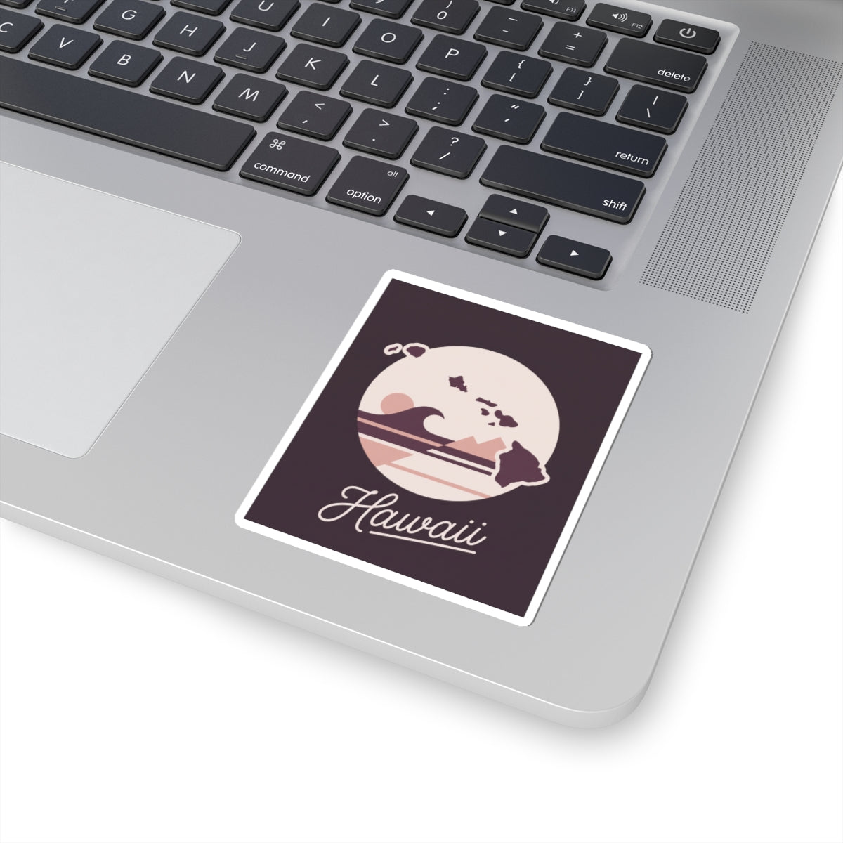 Mauve Hawaii silhouette kiss-cut vinyl decal, square sticker with white outline and “Hawaii”