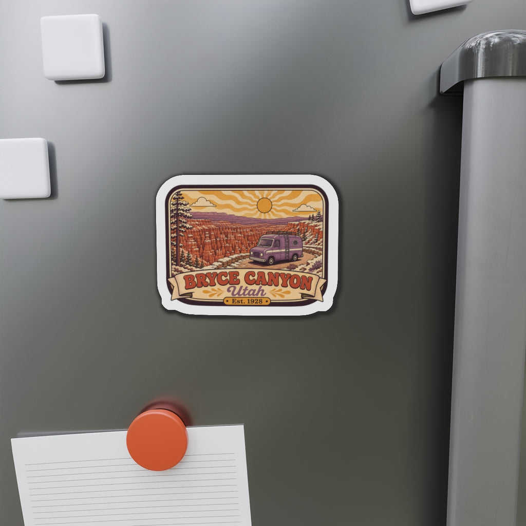 Die-cut fridge magnet on stainless refrigerator door with red canyon and purple camper van