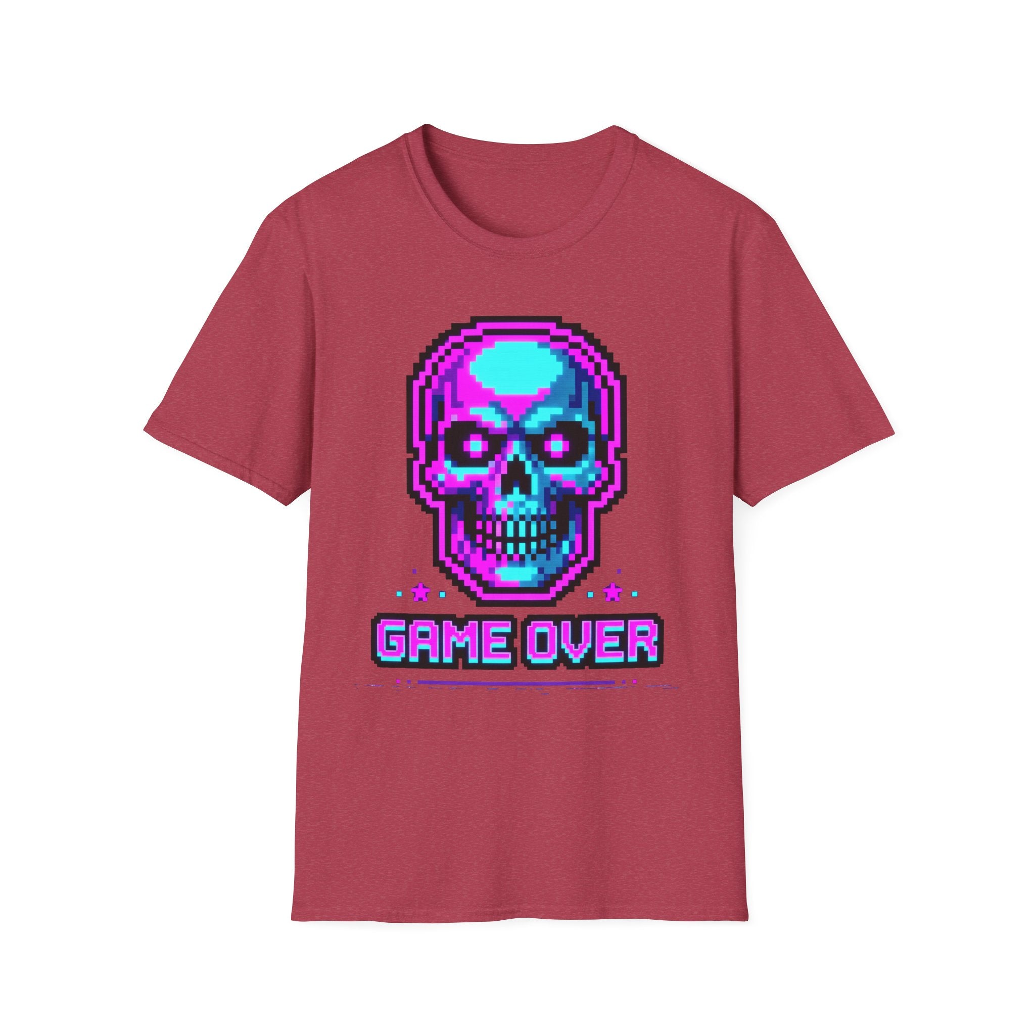 Red t-shirt with pixel skull headphones graphic and 'GAME OVER' text