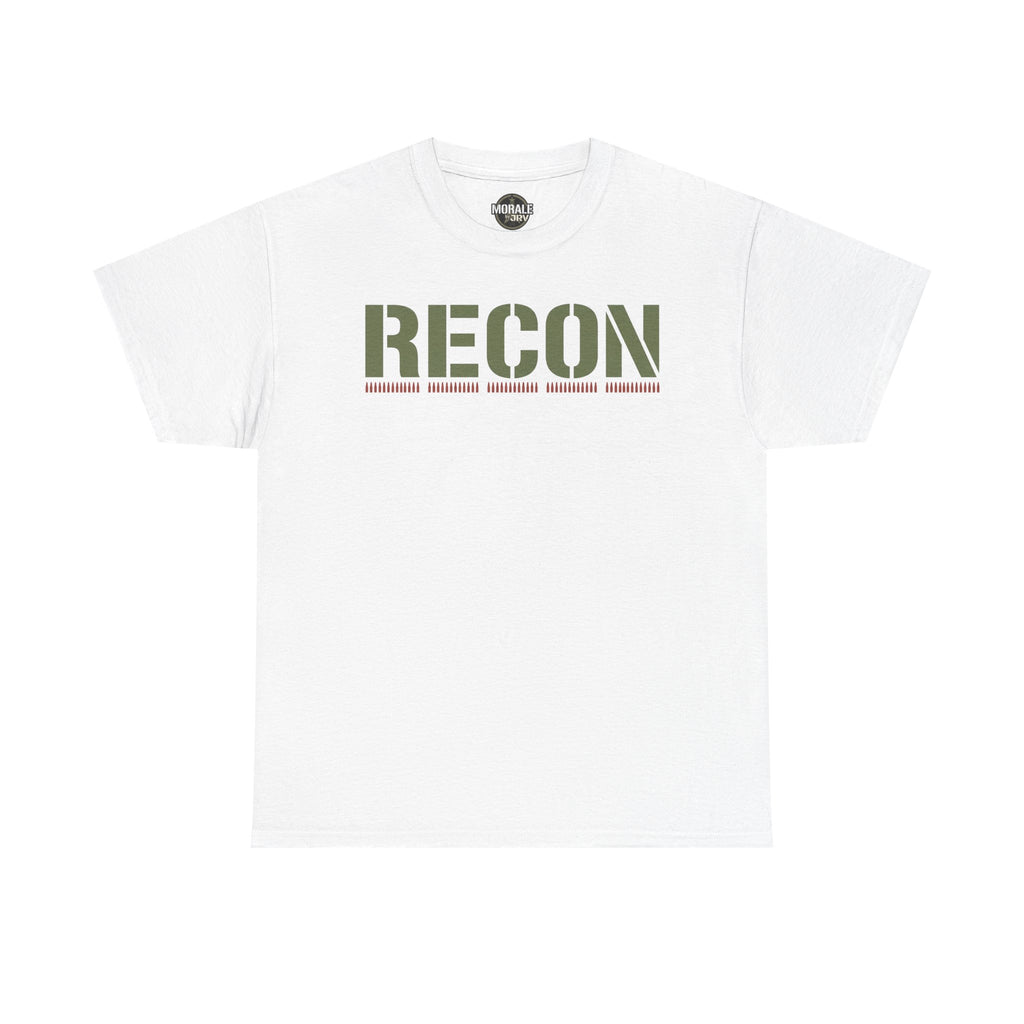 White T-shirt with RECON stencil graphic and green camo-style lettering across chest