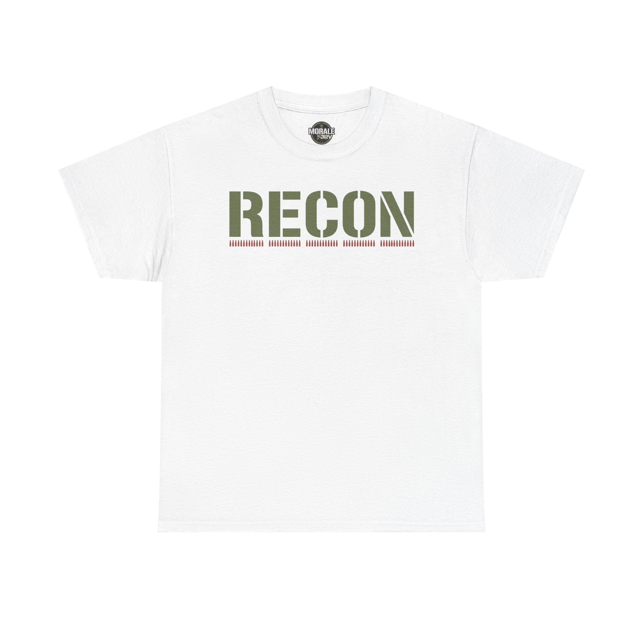 White T-shirt with RECON stencil graphic and green camo-style lettering across chest