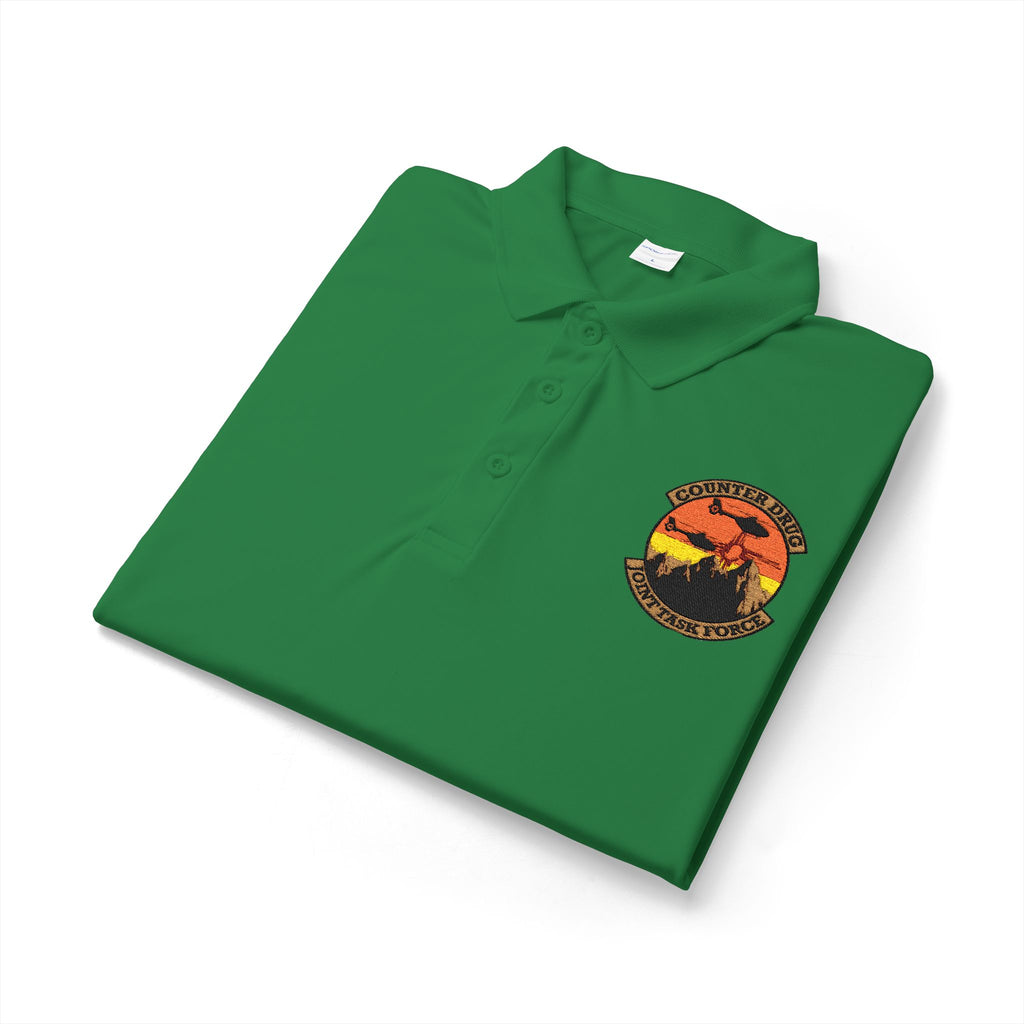 Polo shirt, green, embroidered chest logo, button placket and short sleeves
