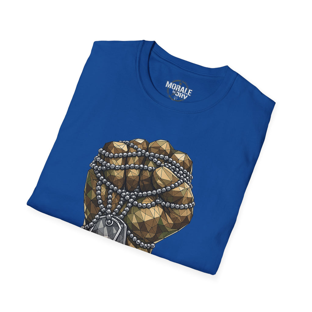 Royal blue T-shirt with large dog-tag graphic on front