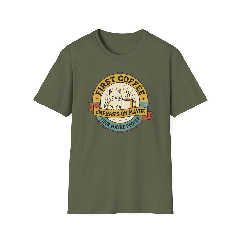 Olive green T-shirt with front cat coffee emblem
