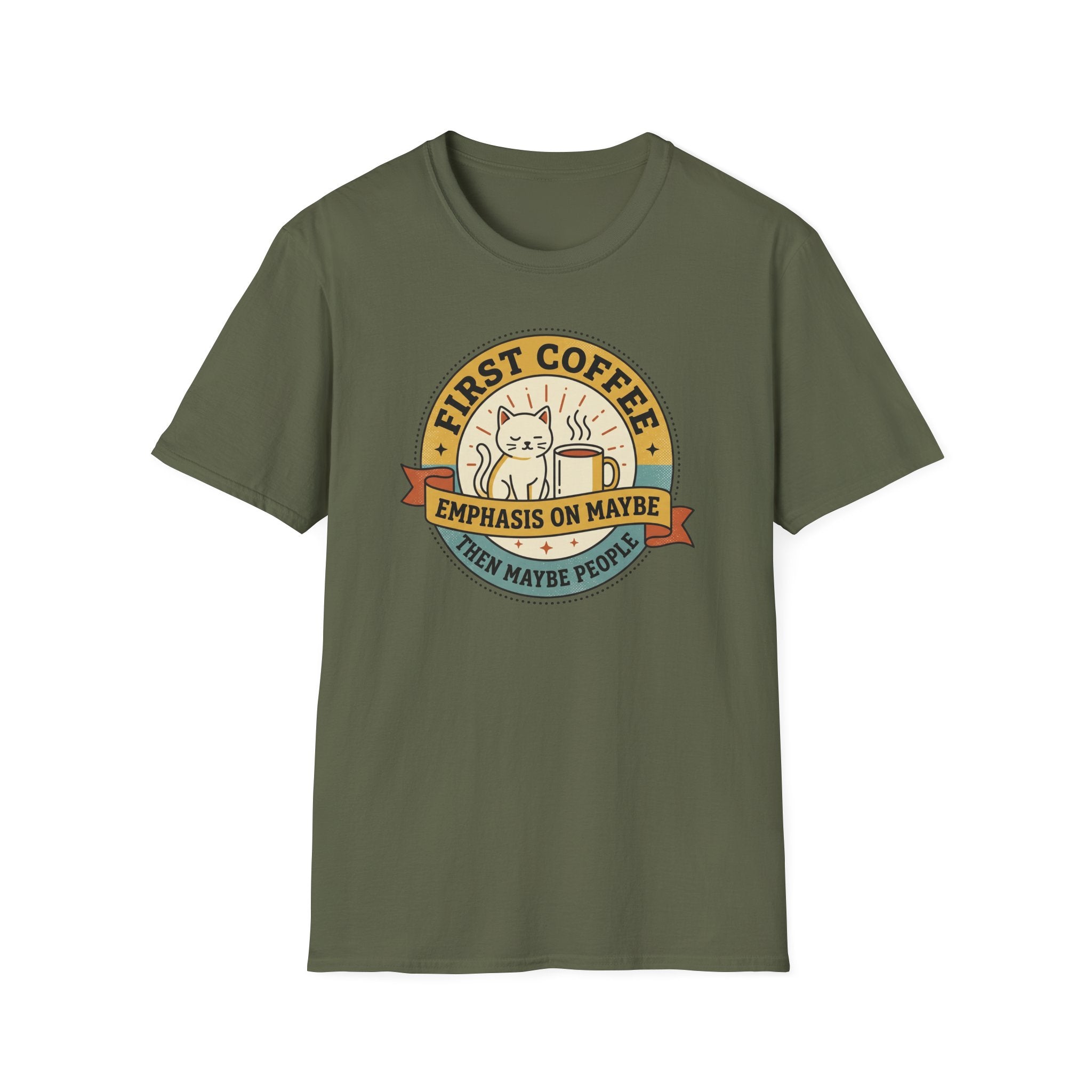 Olive green T-shirt with front cat coffee emblem