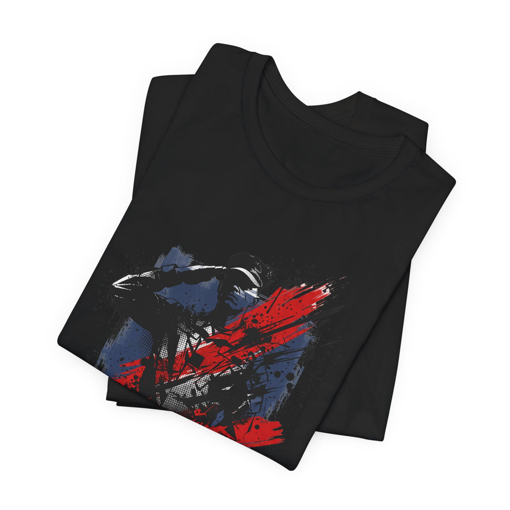 Black T-shirt with front graphic of soldier silhouette in red and blue paint splatter