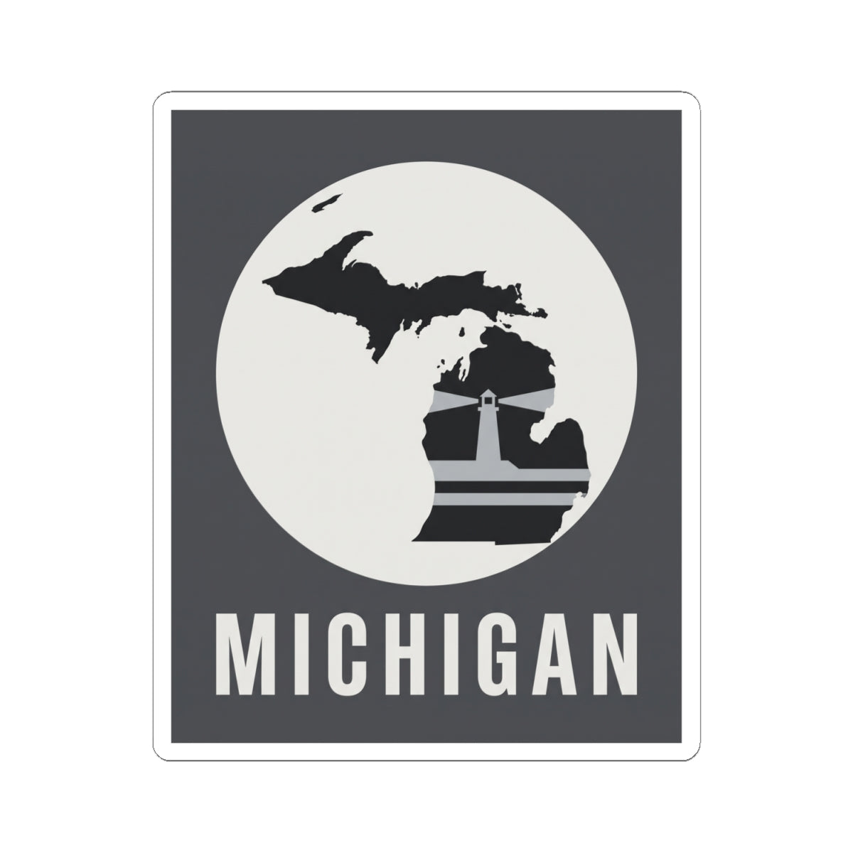 Square Michigan sticker with black map silhouette, lighthouse, and “MICHIGAN” text.