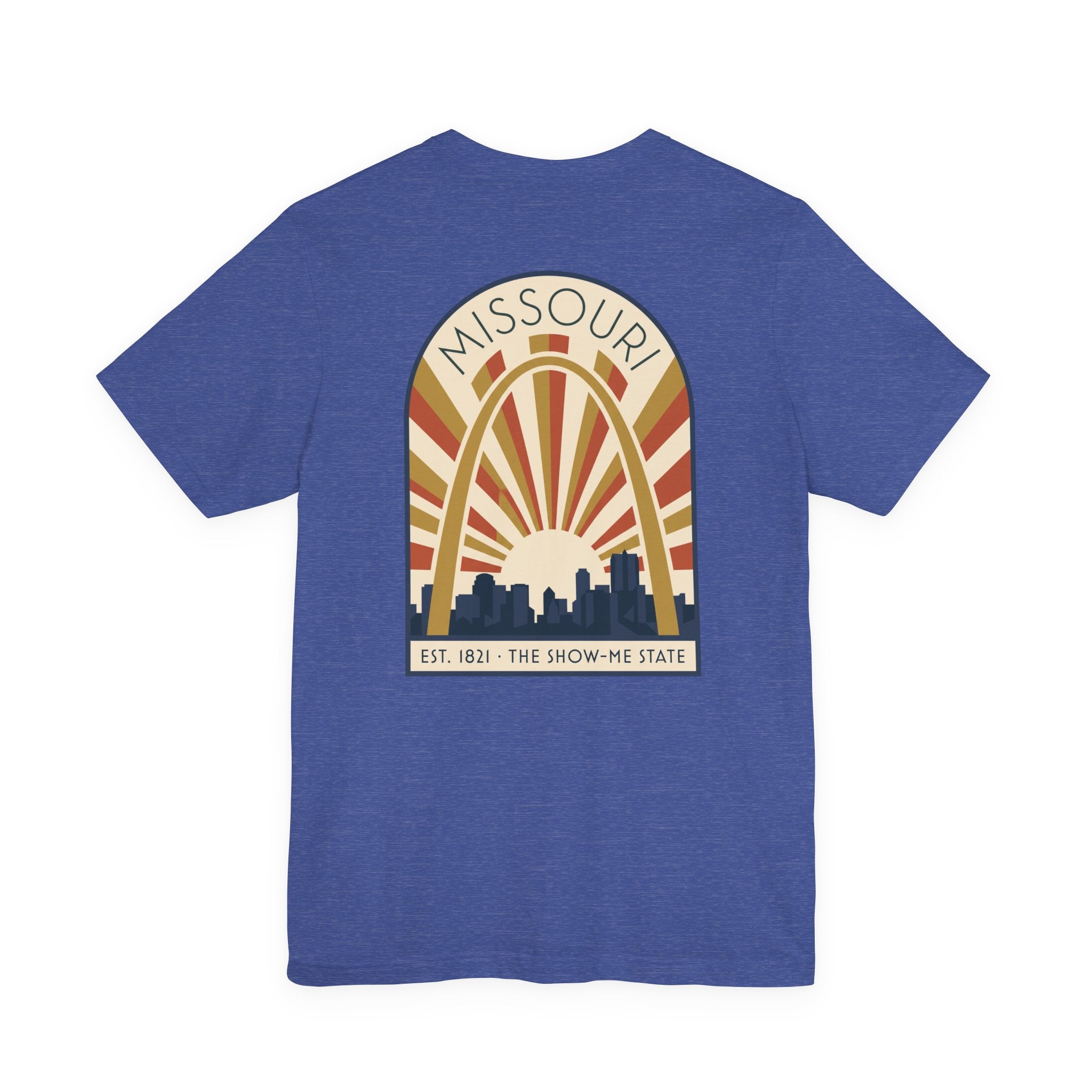Royal blue Missouri sunrise art deco T-shirt with arch skyline graphic and “MISSOURI” text.