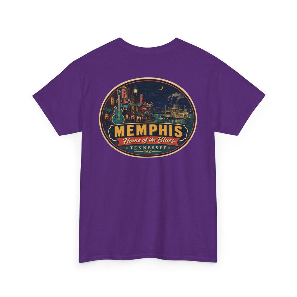 Purple crewneck T-shirt with Memphis luggage-tag skyline graphic logo