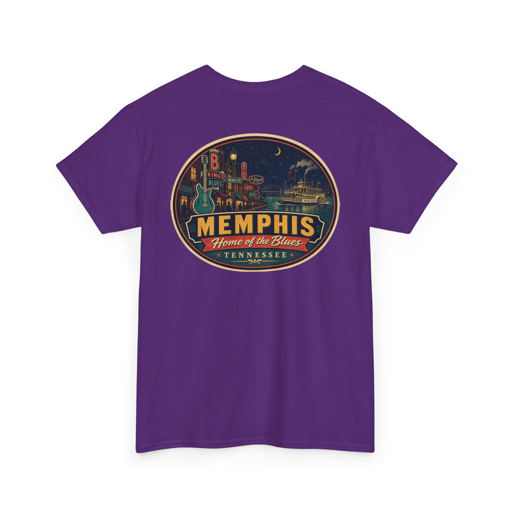 Purple crewneck T-shirt with Memphis luggage-tag skyline graphic logo