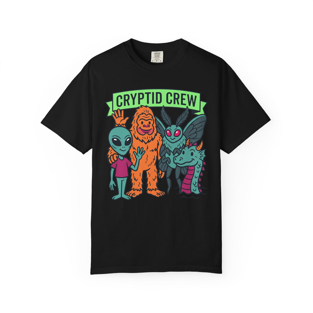 Black Cryptid Crew T-shirt with green CRYPTID CREW banner and four cryptid characters