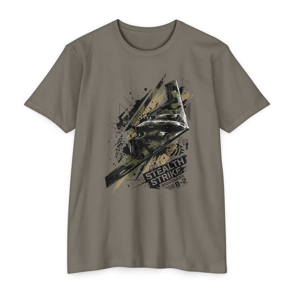 Dark gray bomber T-shirt with short sleeves and crew neck; B-2 style graphic front