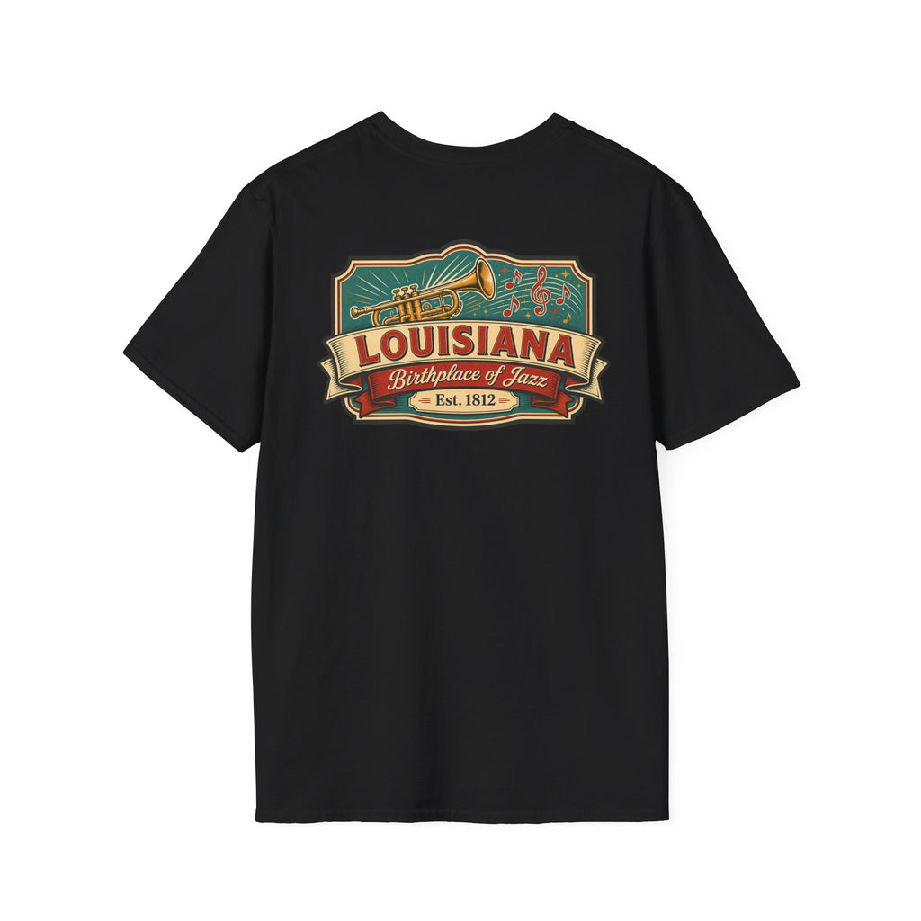 Black Louisiana T-shirt with vintage travel graphic chest print