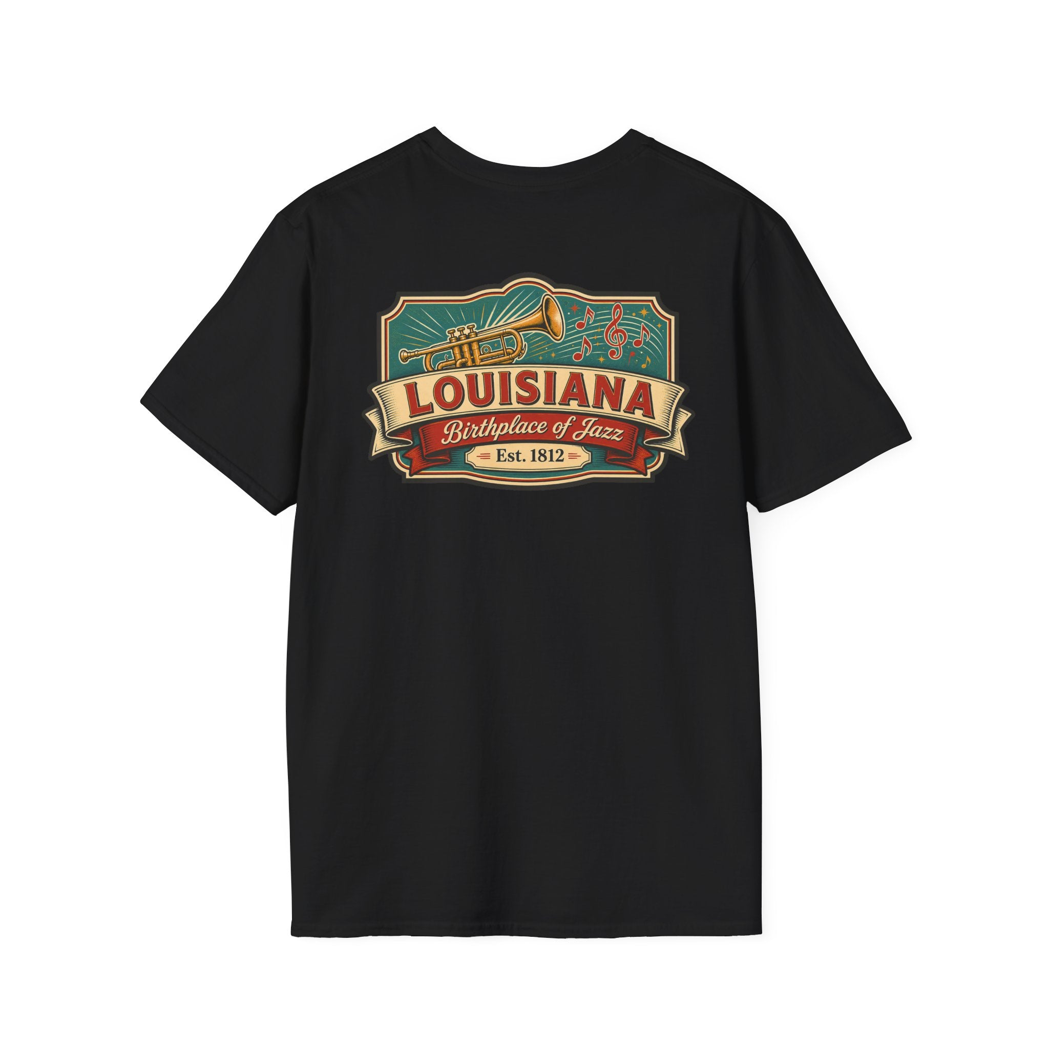 Black Louisiana T-shirt with vintage travel graphic chest print