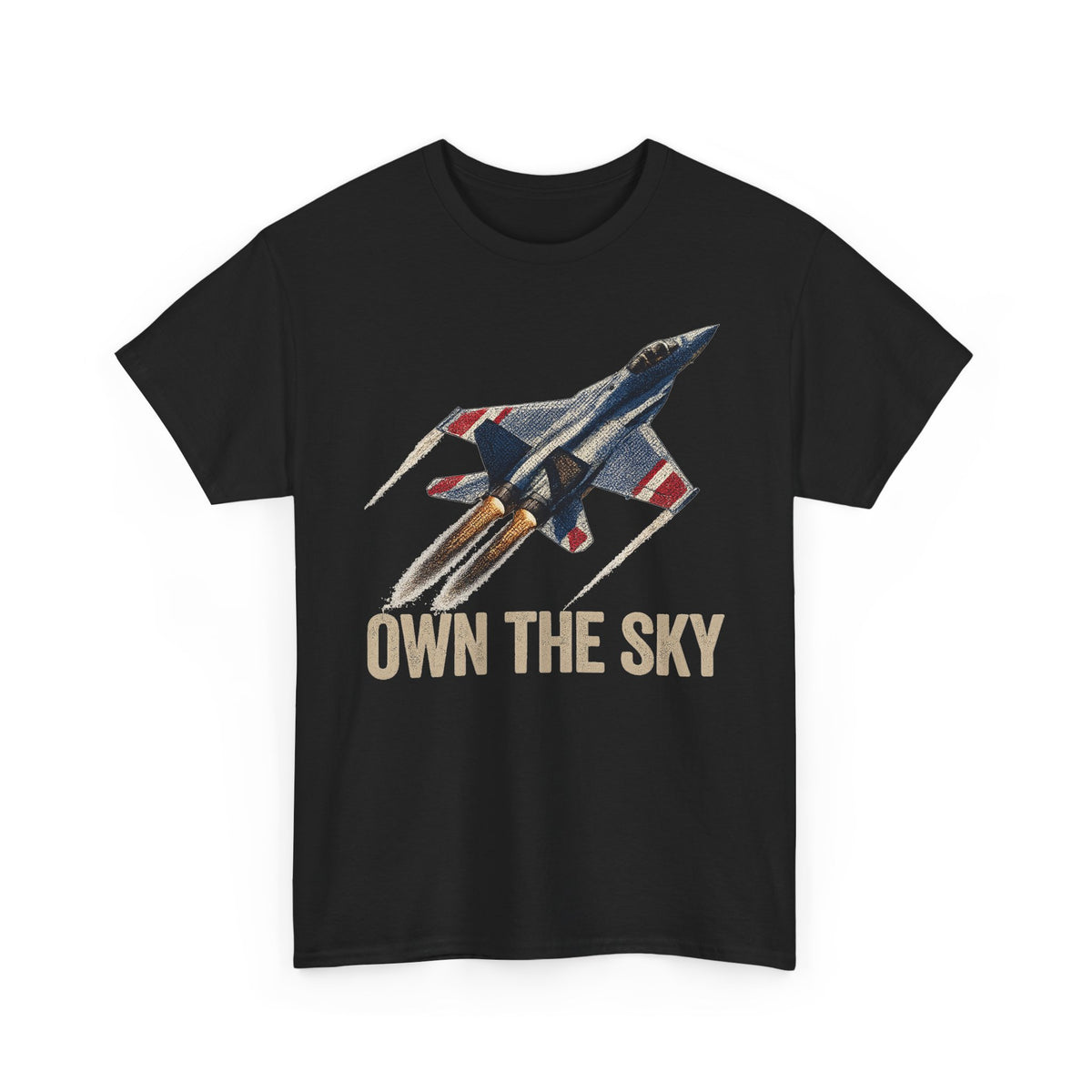 Black T-shirt with fighter jet graphic and "OWN THE SKY" text on front