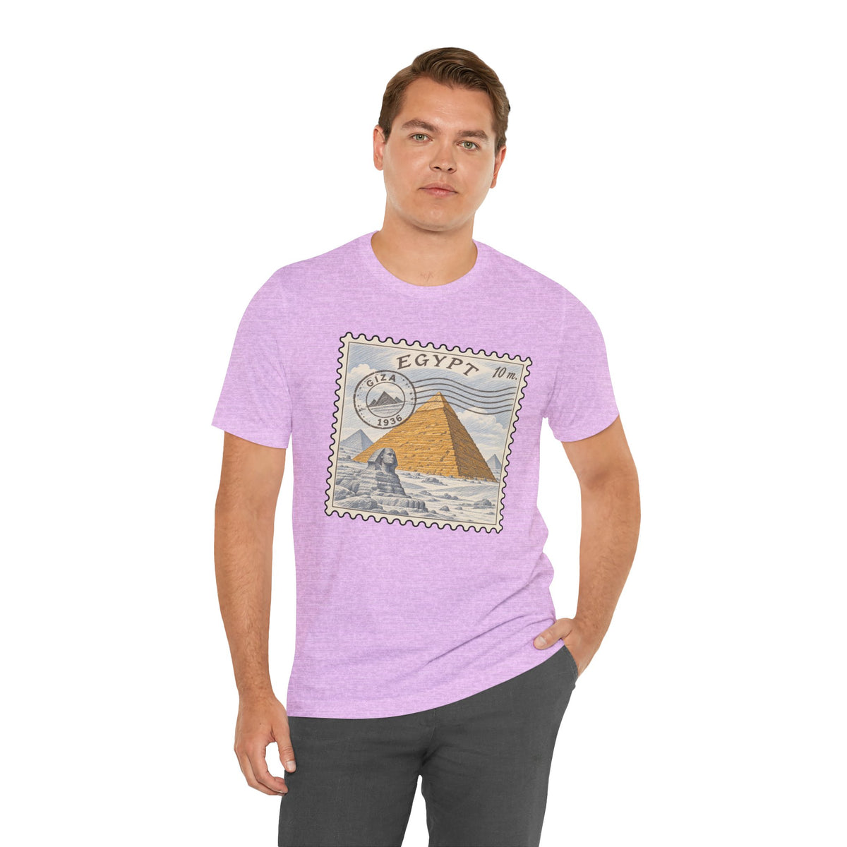 Lavender crew-neck T-shirt with Egypt stamp graphic featuring pyramids