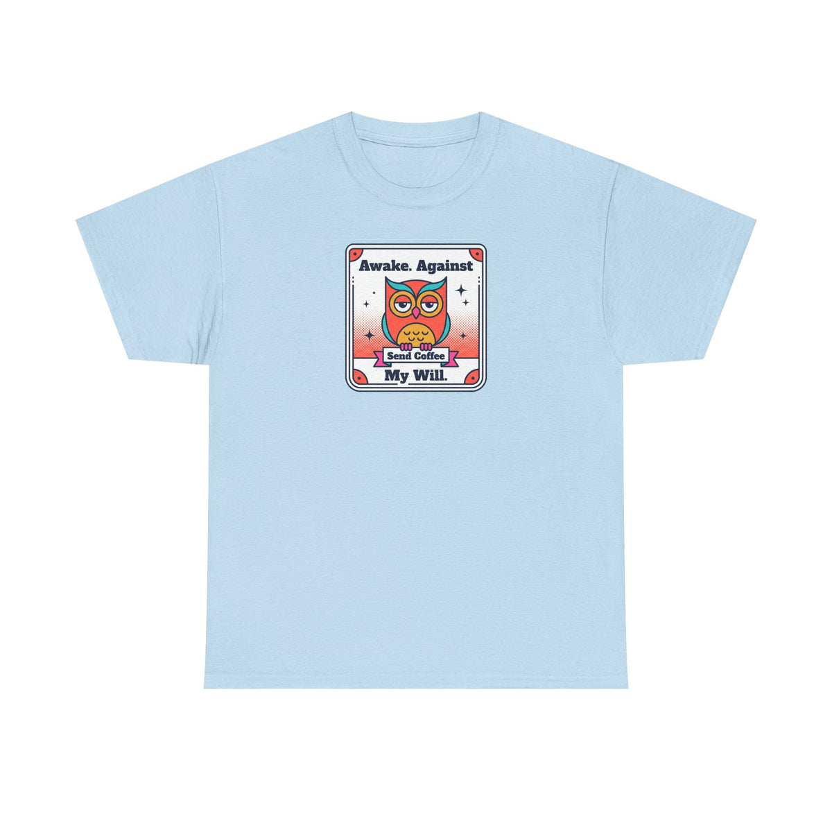 Light blue T-shirt with centered owl and coffee graphic print