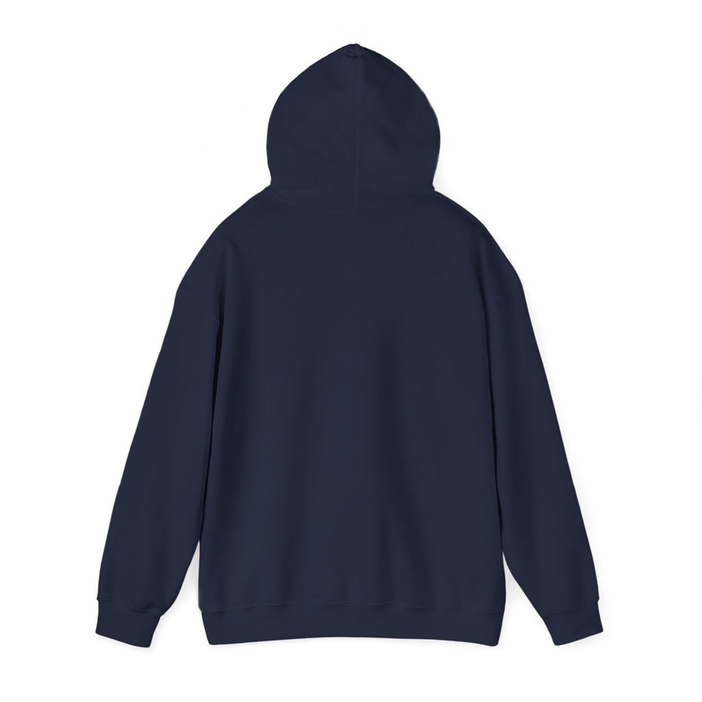 Navy adult hoodie with front pocket and hood, plain back view