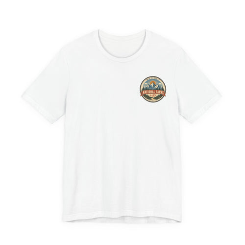 White men's T-shirt with small round vintage park lighthouse graphic on chest