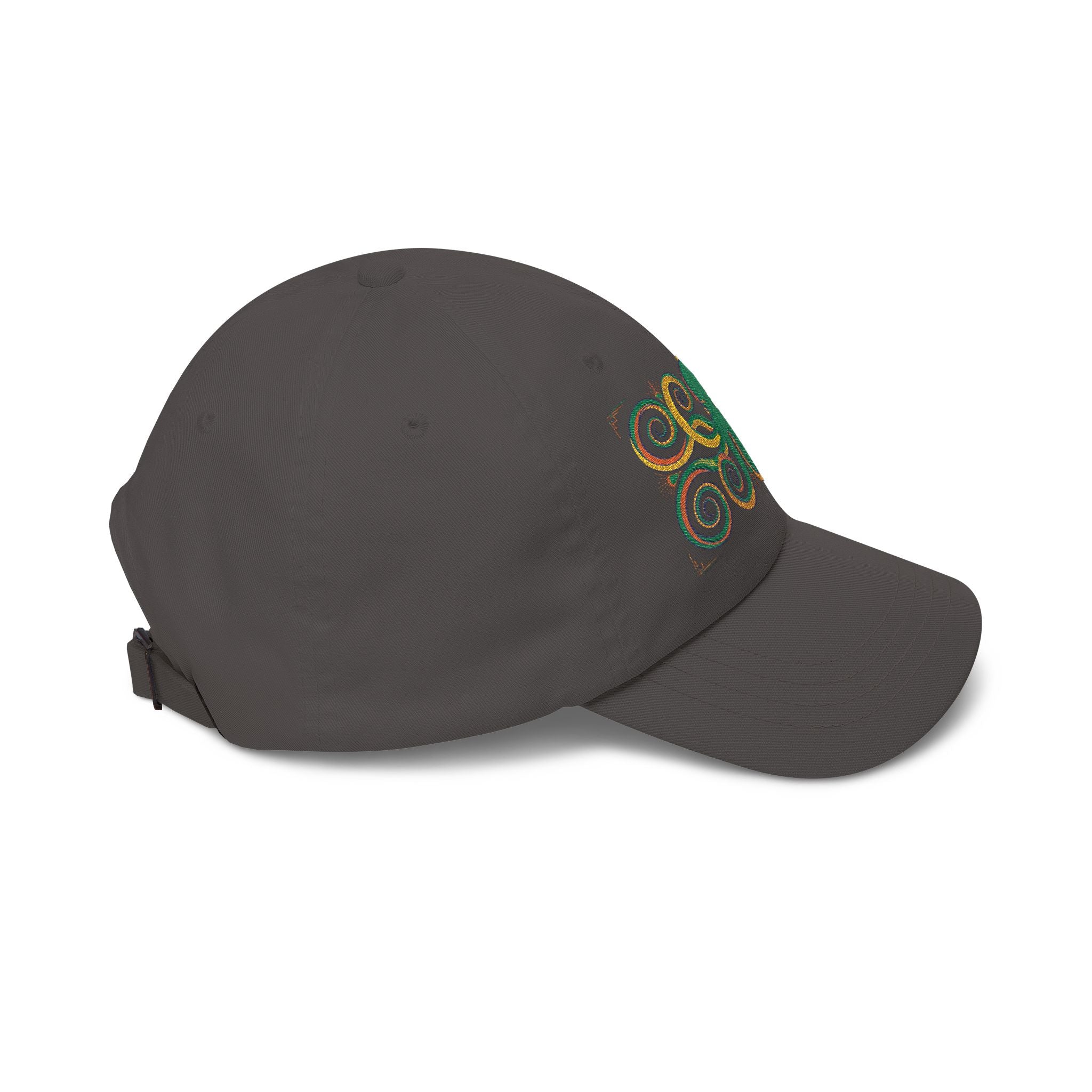 Charcoal baseball cap with green-and-gold embroidered swirl on side