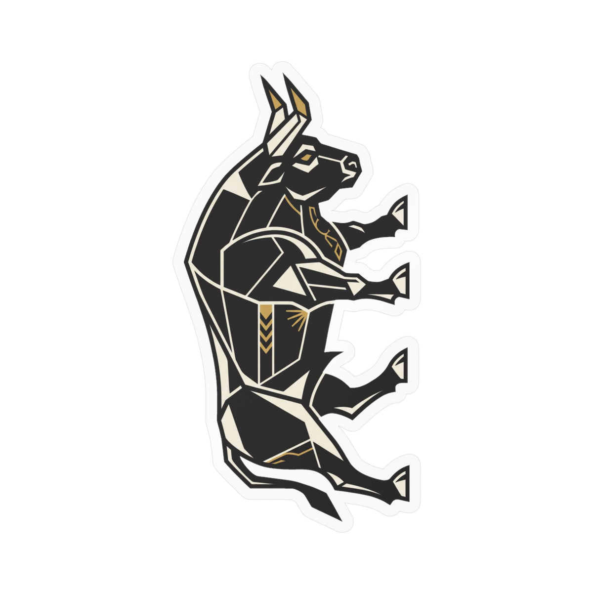 Geometric bull sticker decal in black with gold accents, white contour outline.