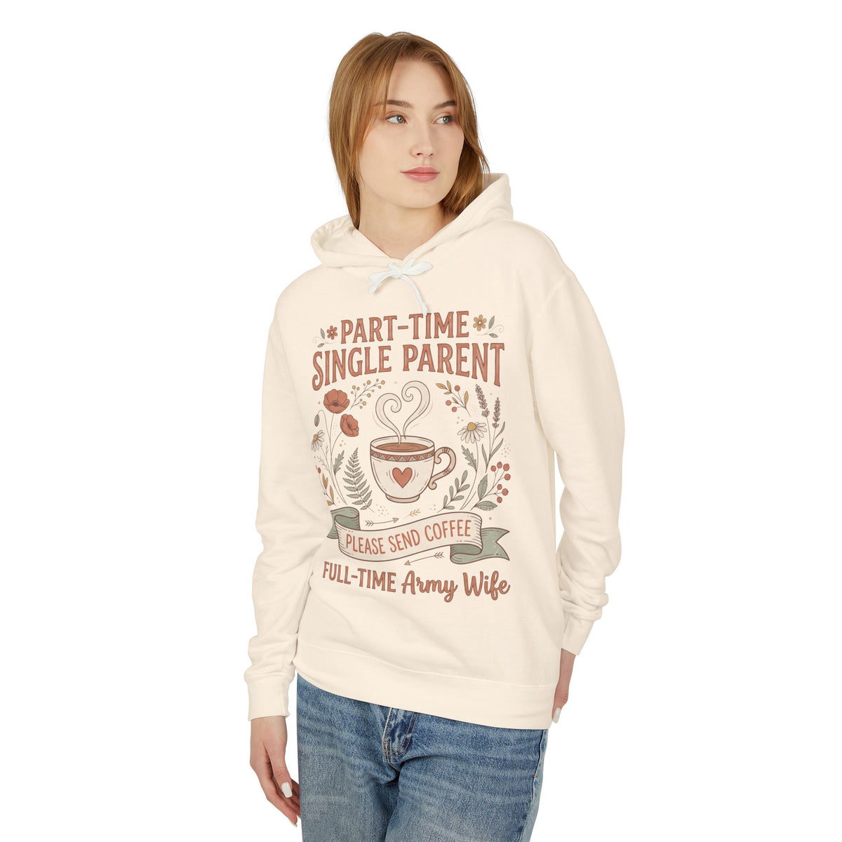 Butter pullover hoodie with front graphic text and coffee cup illustration