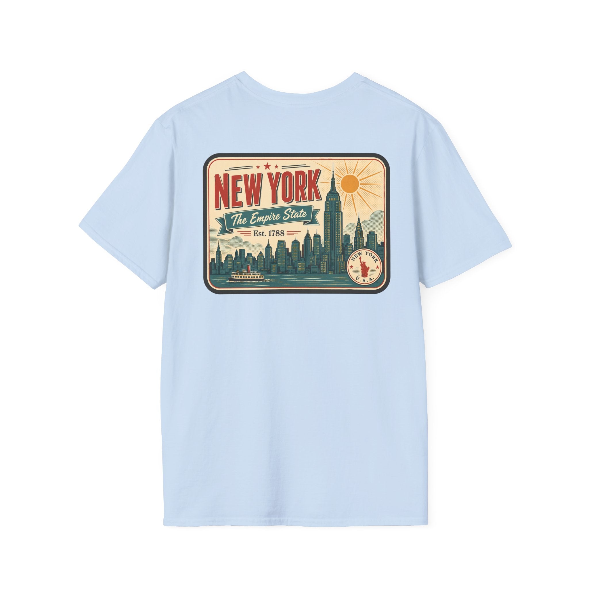 Light blue New York skyline graphic T-shirt, short-sleeve crew neck