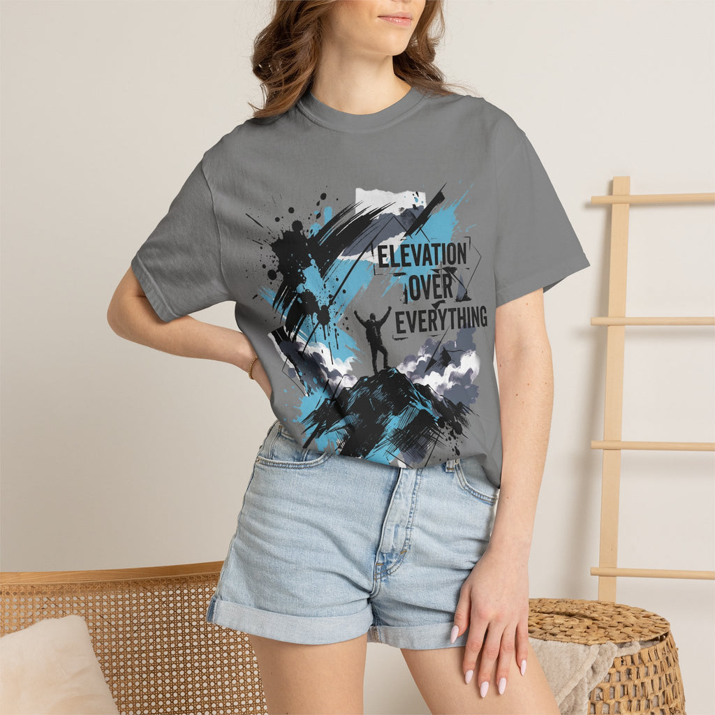 Dark gray crew-neck T-shirt on model with 'Elevation Over Everything' blue graphic