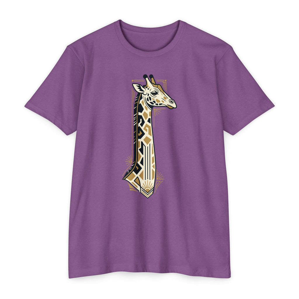 Lavender purple giraffe graphic T-shirt with Art Deco geometric badge print