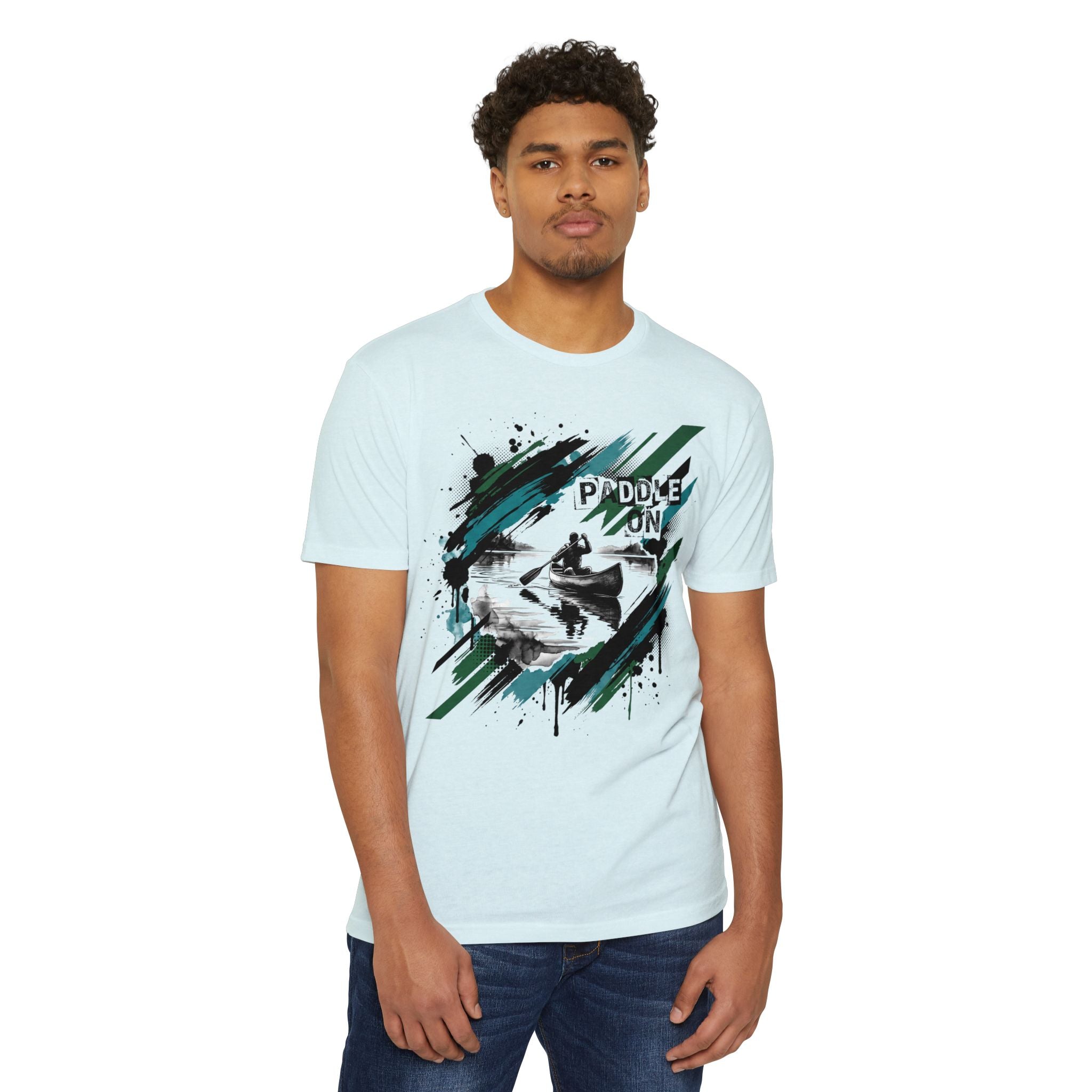 Light blue crewneck T-shirt with kayaking paddle graphic on the chest.