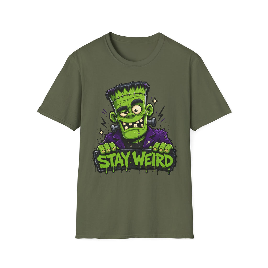 Military green short-sleeve T-shirt with Frankenstein monster graphic and “Stay Weird” text
