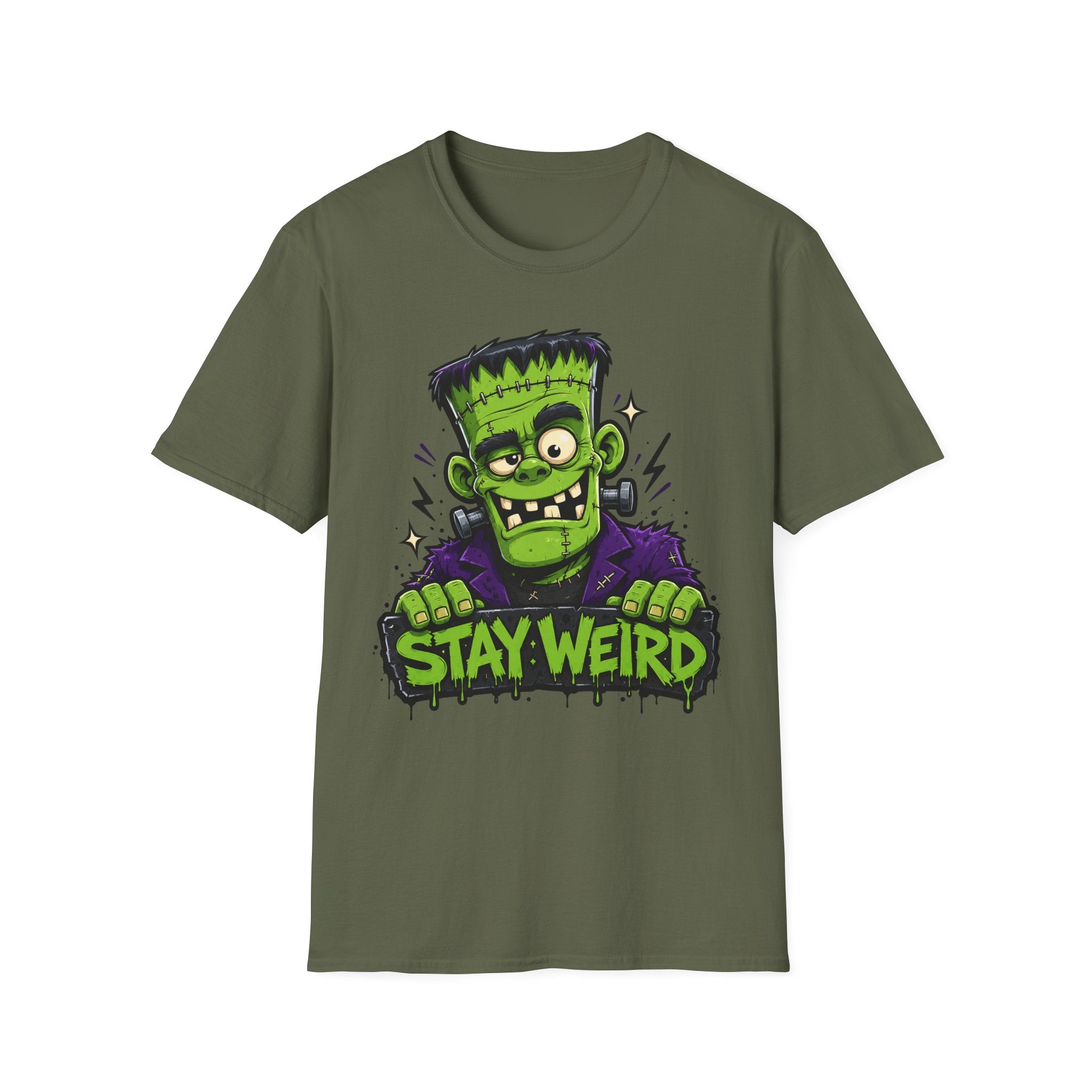 Military green short-sleeve T-shirt with Frankenstein monster graphic and “Stay Weird” text