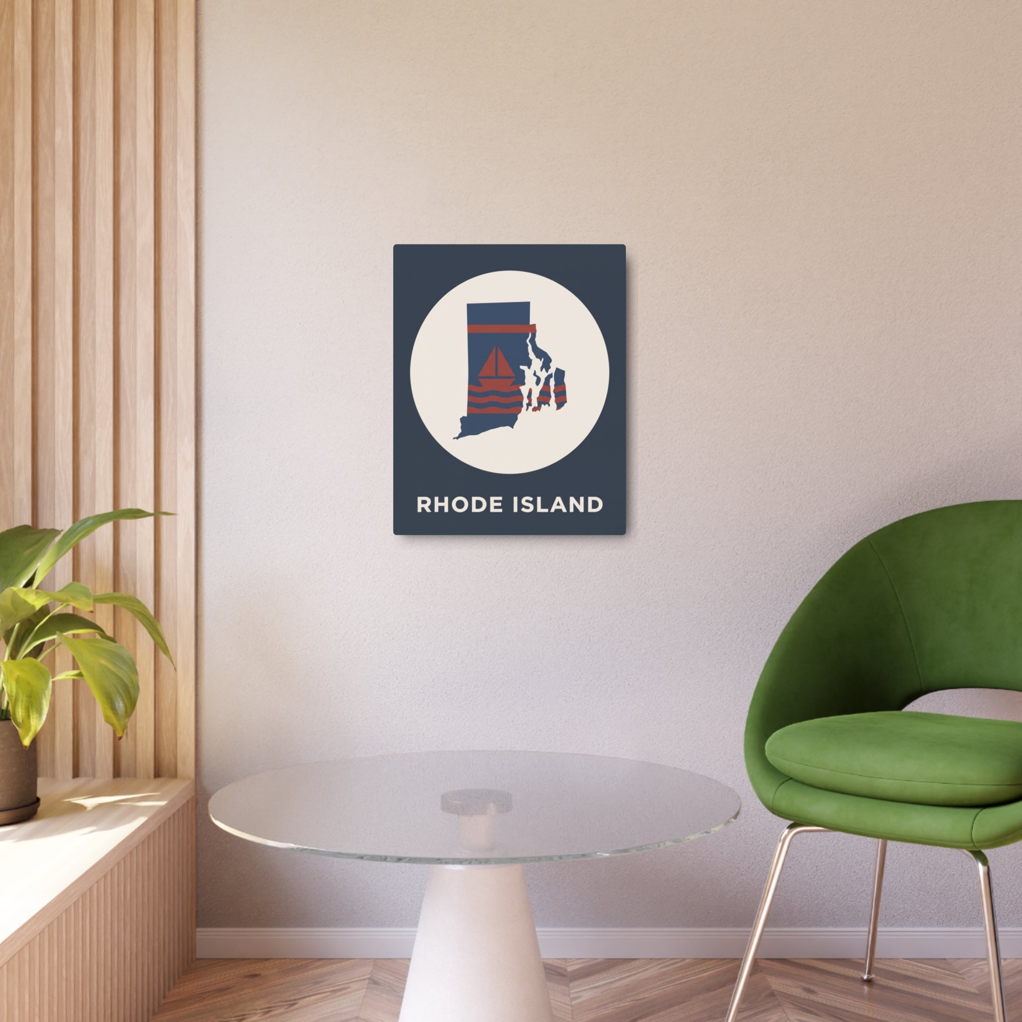 Rhode Island state map metal wall art sign with sailboat graphic in white circle