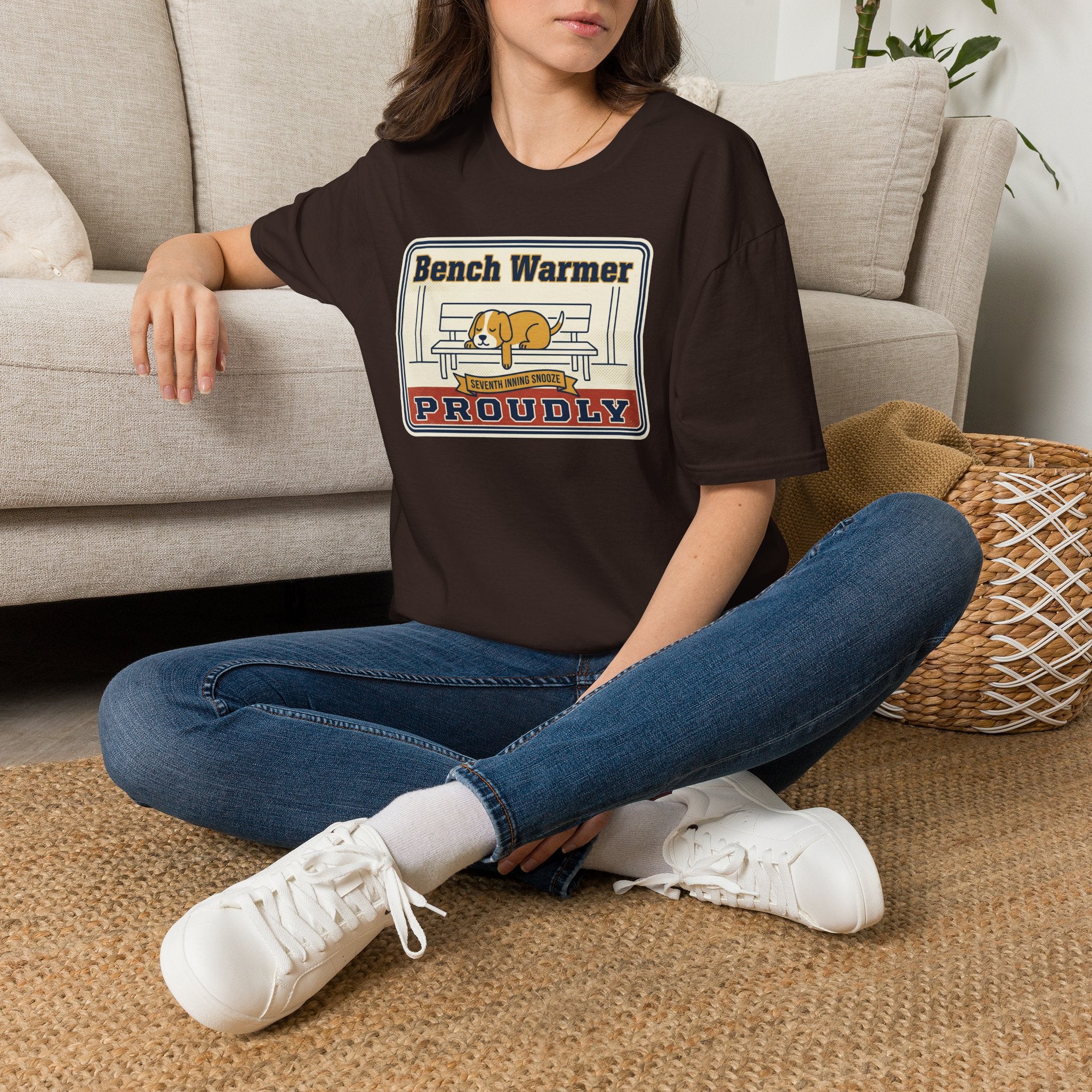 Dark brown unisex T-shirt worn with Bench Warmer Proudly dog front graphic