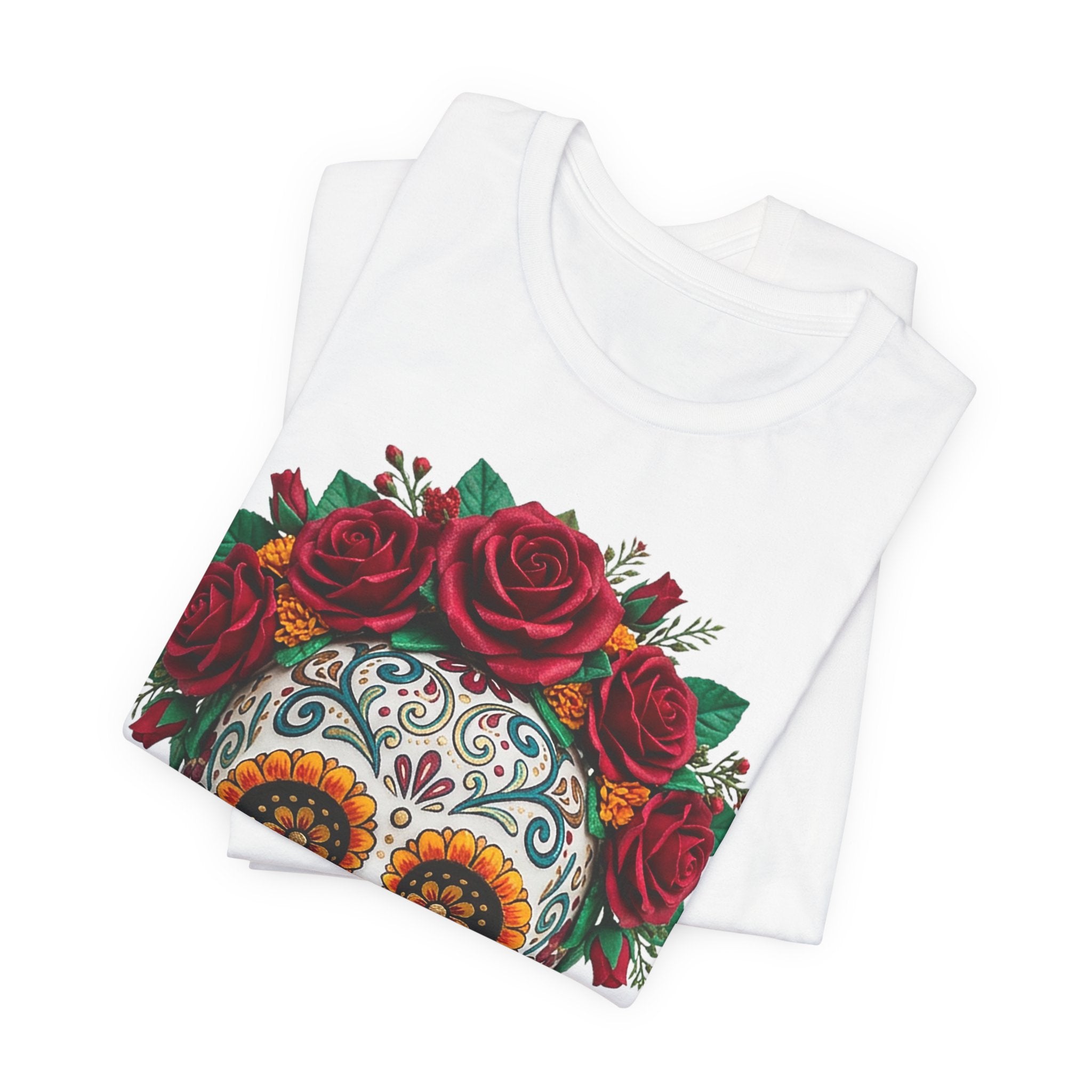 Day of the Dead T-shirt, white; sugar skull with red rose crown design