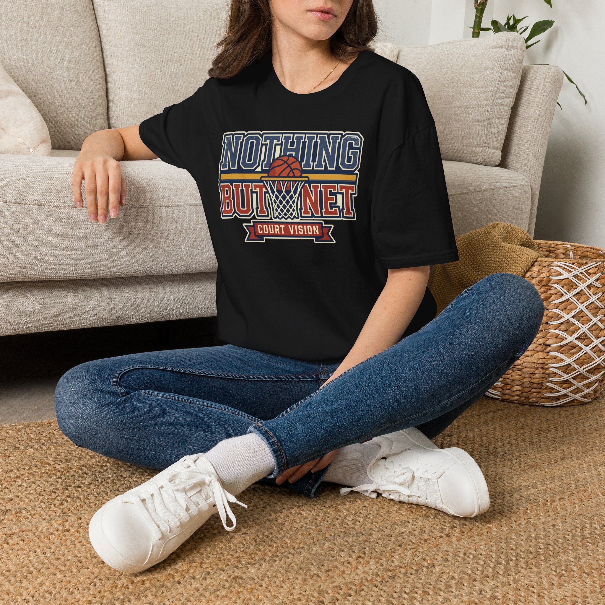 Black T-shirt with “NOTHING BUT NET” basketball net graphic across the chest.