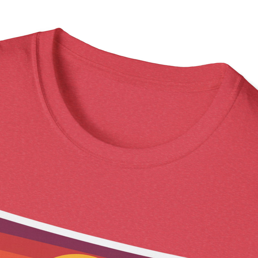 Heather red T-shirt neckline and shoulder seam close-up